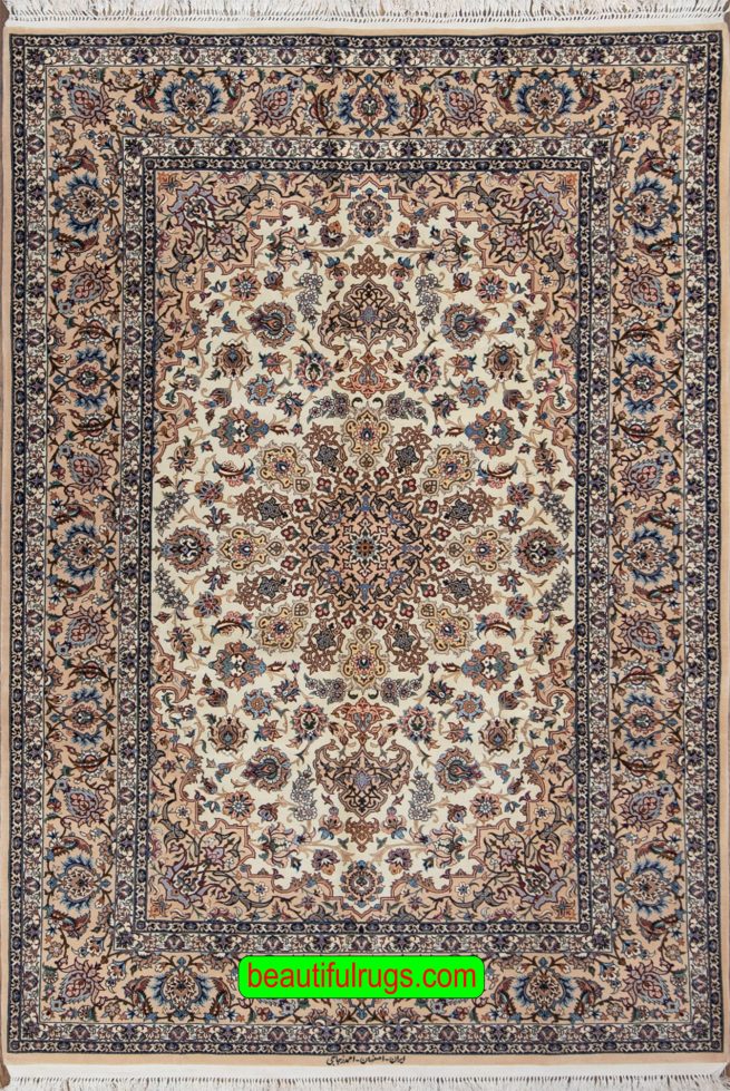 High quality handmade natural dye Persian Isfahan rug in beige and earth tone colors. Size 4.10x7.2.