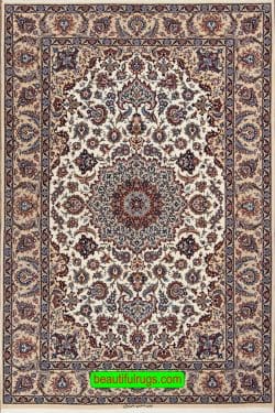 High quality Persian Isfahan vegetable dyed kork wool and silk rug in beige color. Size 4.9x7.3.