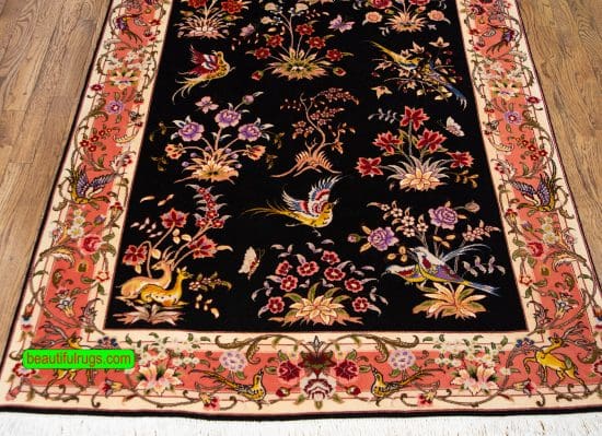 Beautiful Persian Tabriz rug with birds and animals in black and salmon colors. Size 4x6.