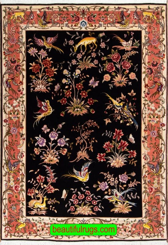 Beautiful Persian Tabriz rug with birds and animals in black and salmon colors. Size 4x6.