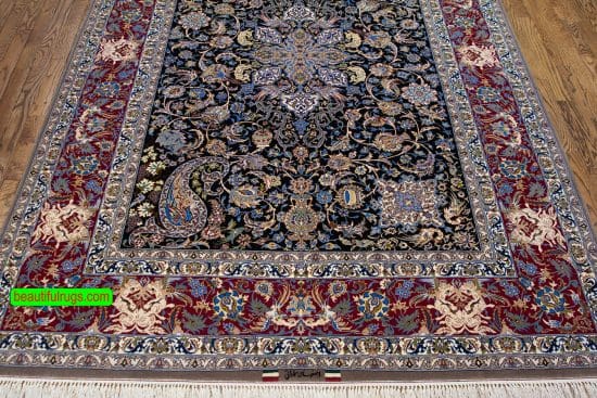 Handmade Persian Isfahan rugs with navy blue and red color. Size 5.4x8.3