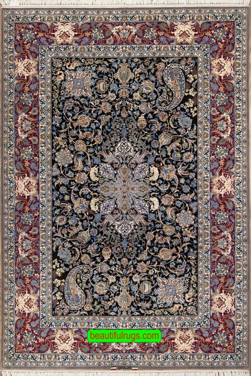 Handmade Persian Isfahan rugs with navy blue and red color. Size 5.4x8.3