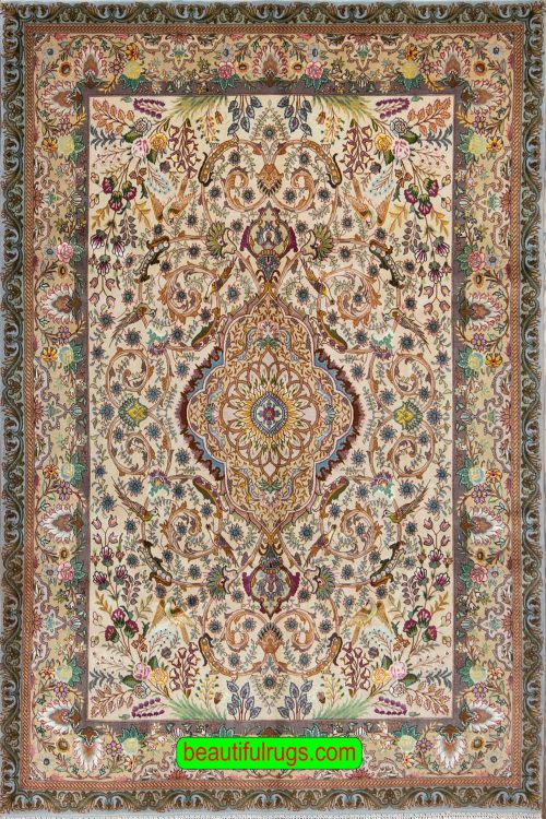 Multicolor handmade Persian Tabriz rug with birds and flowers. Size 5x7.2.