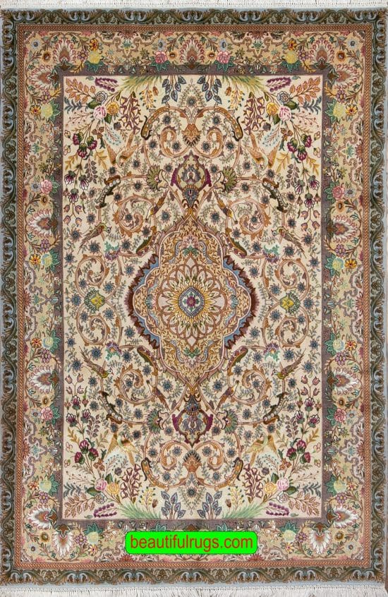 Multicolor handmade Persian Tabriz rug with birds and flowers. Size 5x7.2.