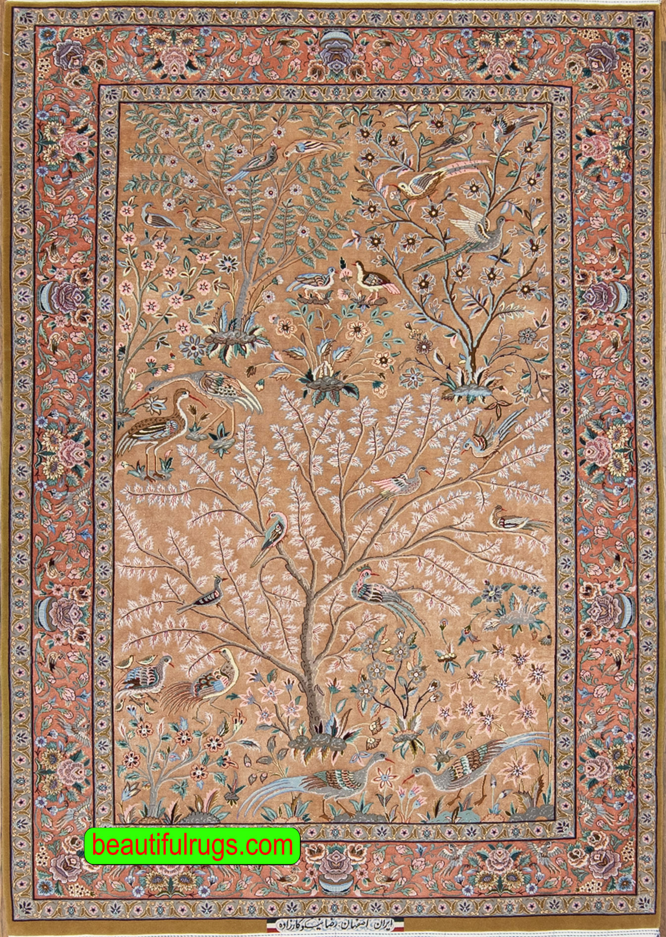 Hand Knotted Persian Isfahan Silk Rug, Silk Tree of Life Rug, Gold & Copper Color Rug, size 4.10x7.2