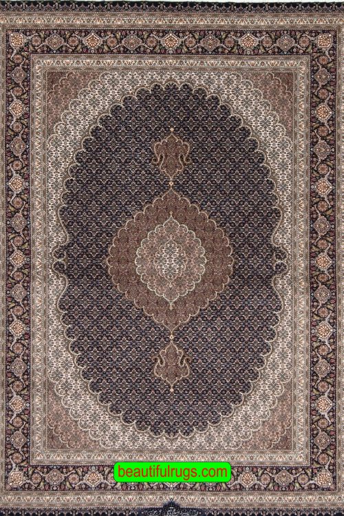 Intricately woven wool and silk black color Persian Tabriz rug for sale. Size 5.3x7.