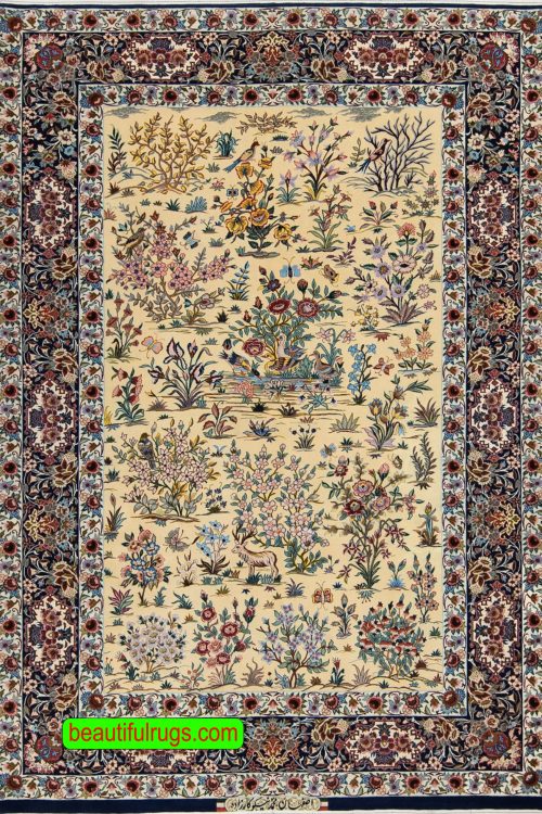 Hand Woven Persian Isfahan Kurk Rug, with birds and animals. Size 5.4x7.10.