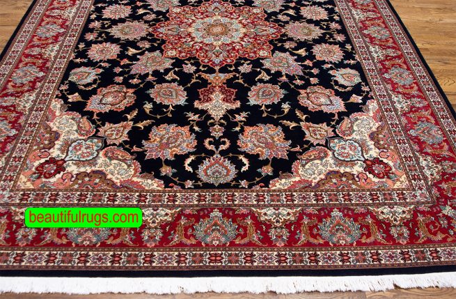 Persian Tabriz rug with black and red colors. Size 8.4x11.7.