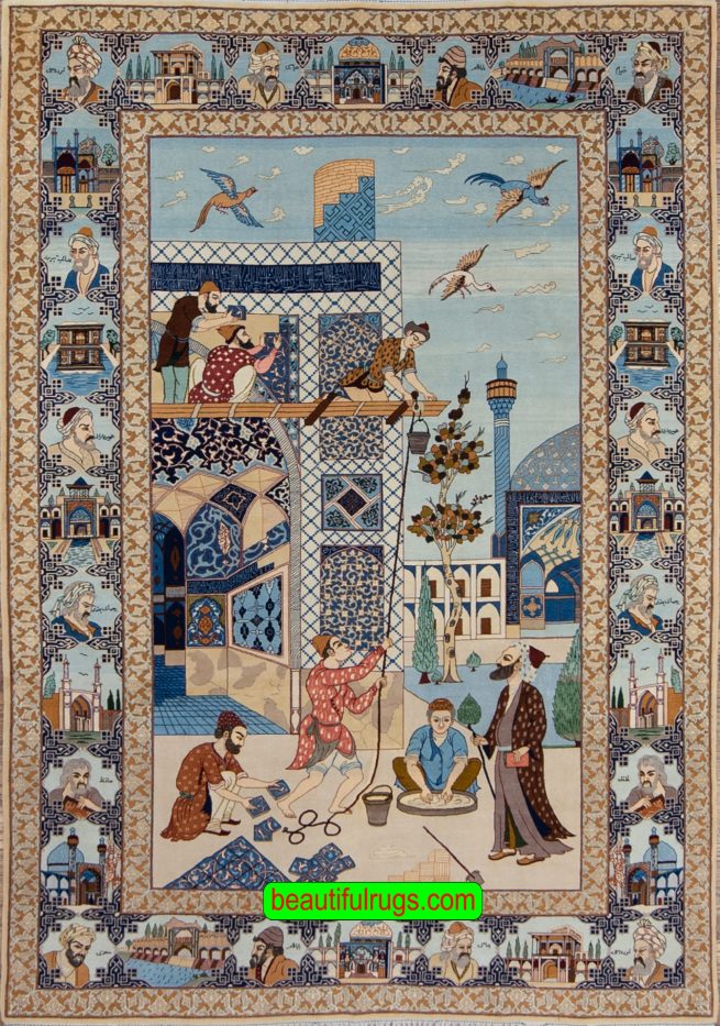 Handmade Isfahan Pictorial Rug, Collectible Antique Persian Isfahan Rug. Size 5x7.7.