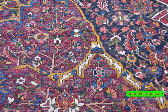 Antique Persian Bakhtiari rugs, floral, geometric rug in red color. Size 12.2x17.