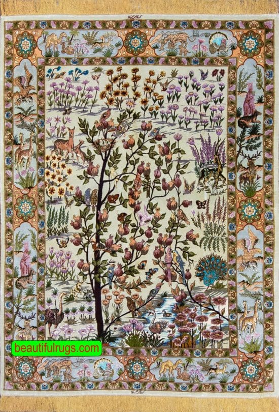 Handmade Persian Tabriz silk rug, multicolor, with birds and animals. Size 5x6.7.