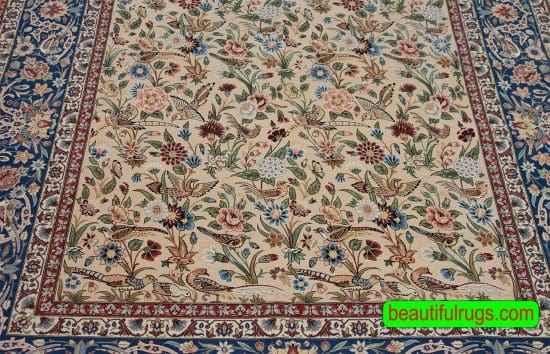 Top quality Persian Isfahan rug with birds and flowers in beige color. Size 5.5x8.2.