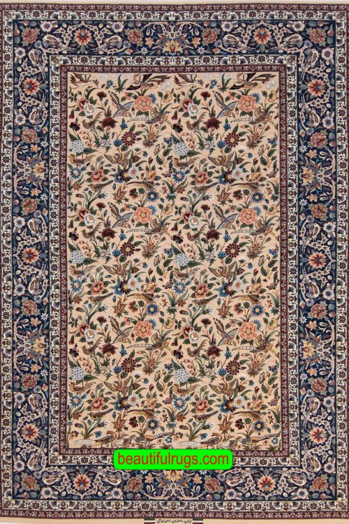Top quality Persian Isfahan rug with birds and flowers in beige color. Size 5.5x8.2.
