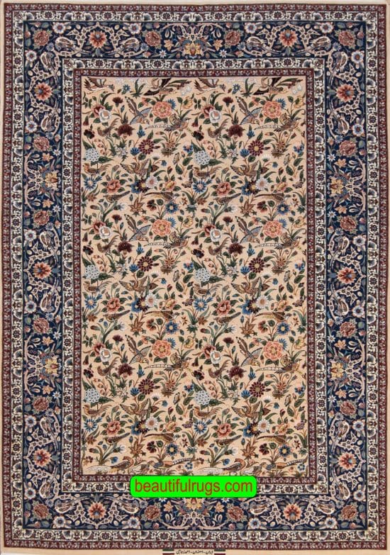 Top quality Persian Isfahan rug with birds and flowers in beige color. Size 5.5x8.2.