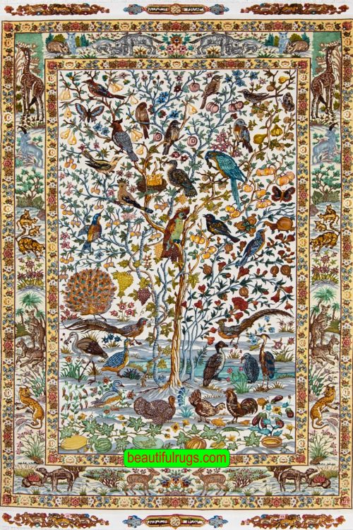 Persian Tabriz tree of life rug with birds and animals. Size 4.7x6.7.
