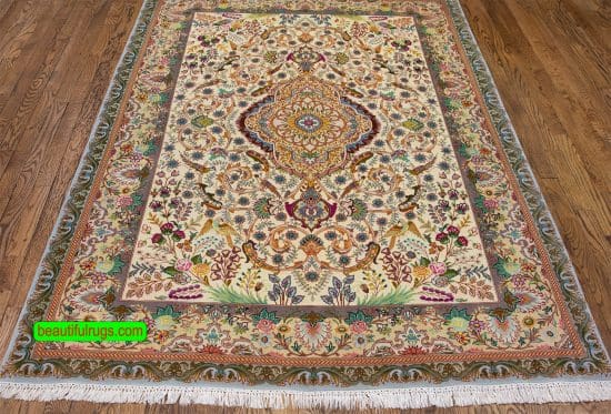 Hand knotted Persian Tabriz rug, kurk & silk, multicolor. Size 5x7.2.