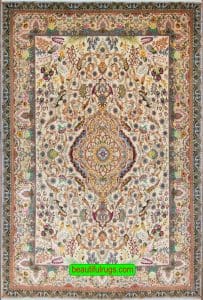 Hand knotted Persian Tabriz rug, kurk & silk, multicolor. Size 5x7.2.