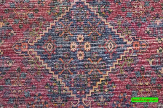 Handmade Persian Josheghan rug, geometric style rug in red color. Size 3.9x5.2.