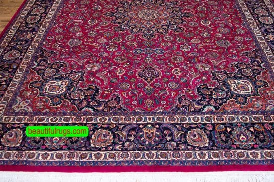 Persian Mashad rug in raspberry red color for living room. Size 10x12.8.