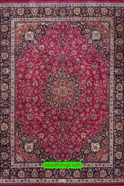 Persian Mashad rug in raspberry red color for living room. Size 10x12.8.