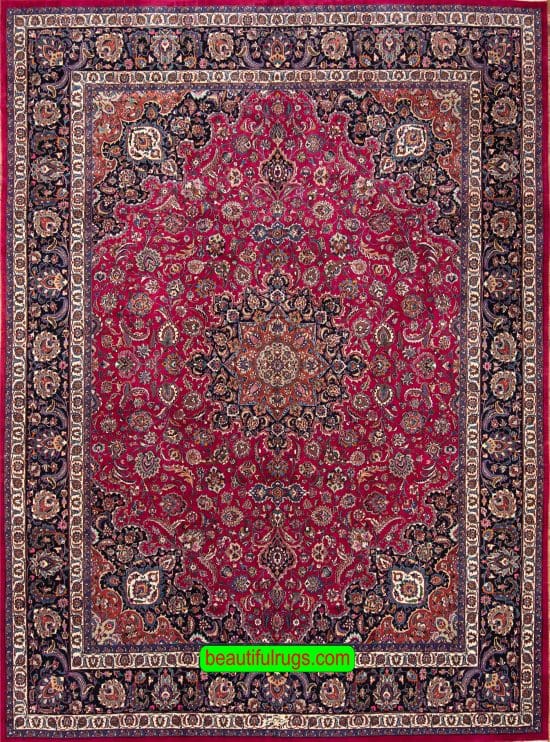 Persian Mashad rug in raspberry red color for living room. Size 10x12.8.