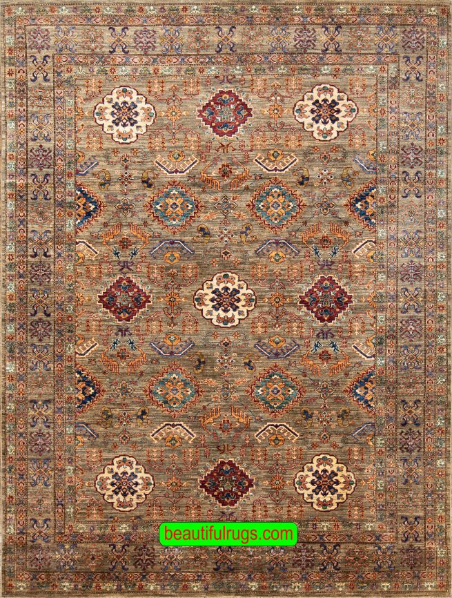 Hand knotted city made area rug in brown color. Geometric style Kazak rug. Size 8x10.3.