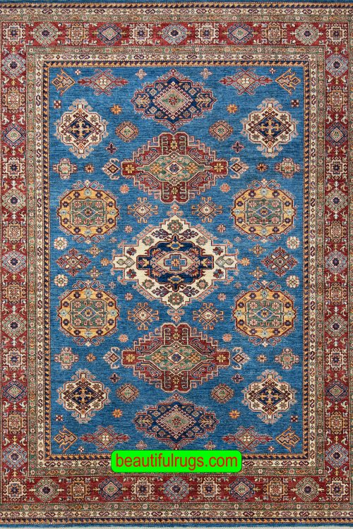 Geometric Kazak style rug in blue color made in Pakistan. Size 8.2x10.6.