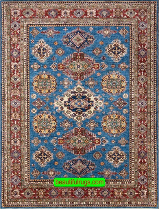 Geometric Kazak style rug in blue color made in Pakistan. Size 8.2x10.6.