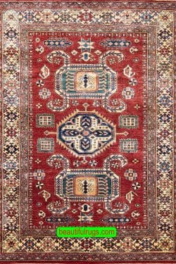 Area rug for sale, hand knotted super Kazak rug in red color. Size 5.8x7.9.