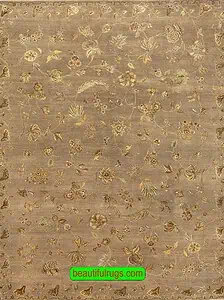 Floral transitional wool and silk area rug with olive green and brown colors. Size 8x10.