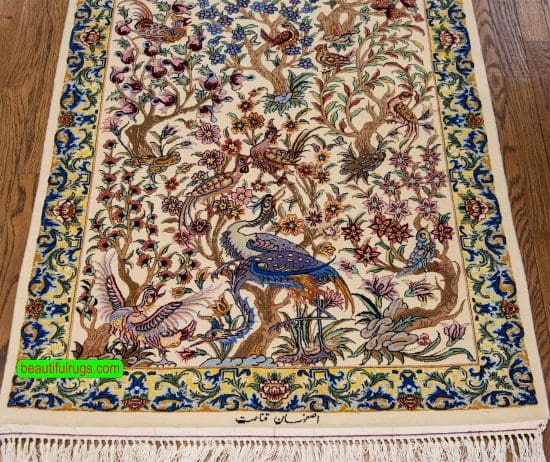 Handmade tree of life Persian Isfahan carpet in beige color for wall and floor. Size 2.8x4.8.