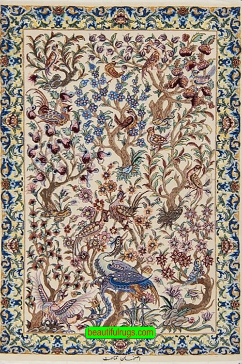 Handmade tree of life Persian Isfahan carpet in beige color for wall and floor. Size 2.8x4.8.