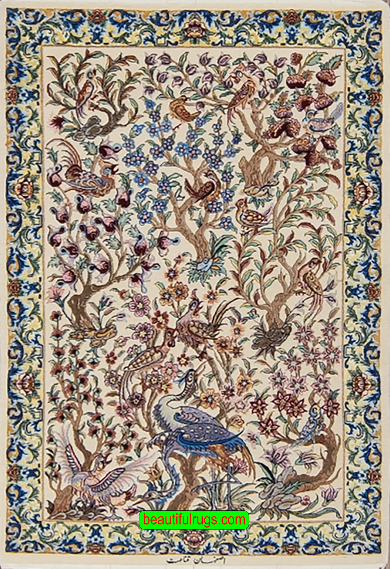 Handmade tree of life Persian Isfahan carpet in beige color for wall and floor. Size 2.8x4.8.