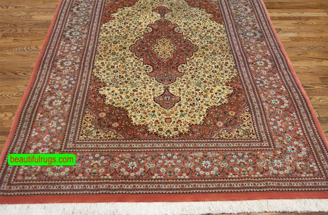 High quality hand knotted Persian Qum rug in beige color. Size 5.3x8.
