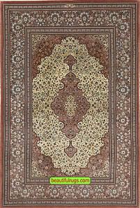 High quality hand knotted Persian Qum rug in beige color. Size 5.3x8.