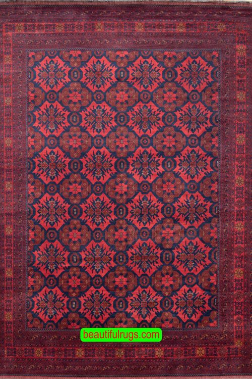 Large size handmade Kunduz Aghan rug, tribal rug in red color. Size 8.3x11.4.
