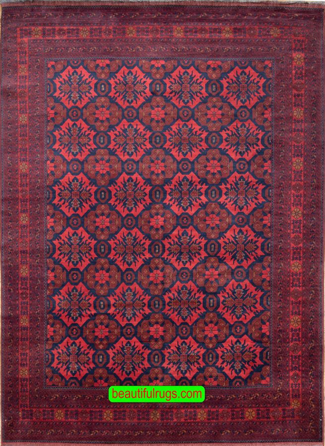 Large size handmade Kunduz Aghan rug, tribal rug in red color. Size 8.3x11.4.