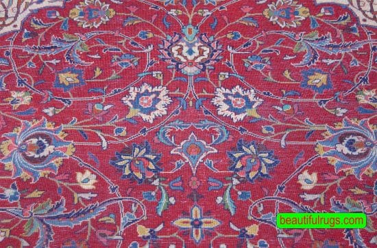 Red and navy blue color Persian Sarouk wool rug for dining room. Size 7x10.4.