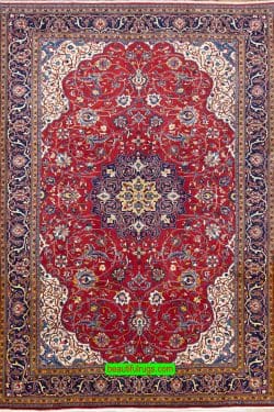 Red and navy blue color Persian Sarouk wool rug for dining room. Size 7x10.4.