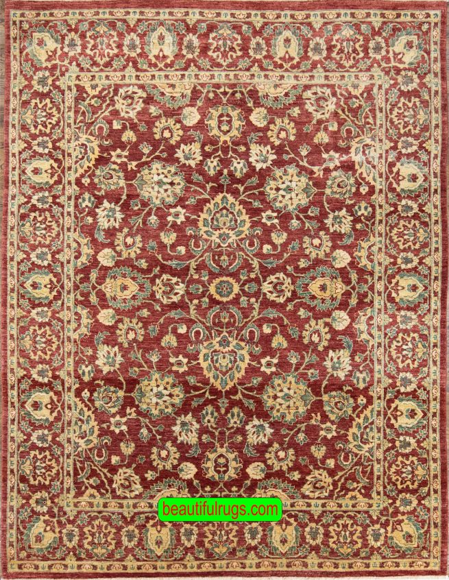 Handmade floral Pakistani wool area rug in red color. Size 8x10.4