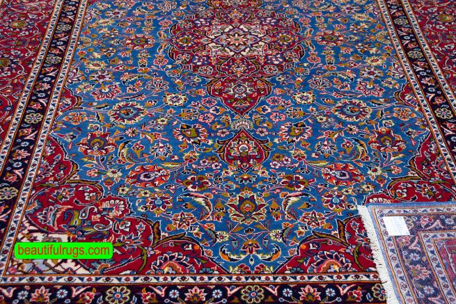 Blue and red color wool Persian Kashan area rug for living room. Size 8x11.6.