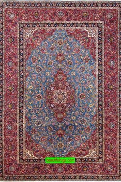 Blue and red color wool Persian Kashan area rug for living room. Size 8x11.6.