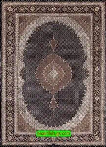 Wool and silk rugs, handmade Persian Tabriz rug with black and brown colors with a large center medallion. 