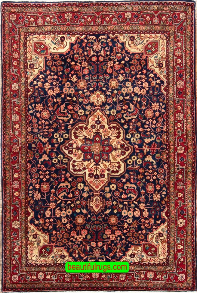 Handmade Persian Zanjan carpet, wool Persian carpet in blue color. Size 4.5x7.