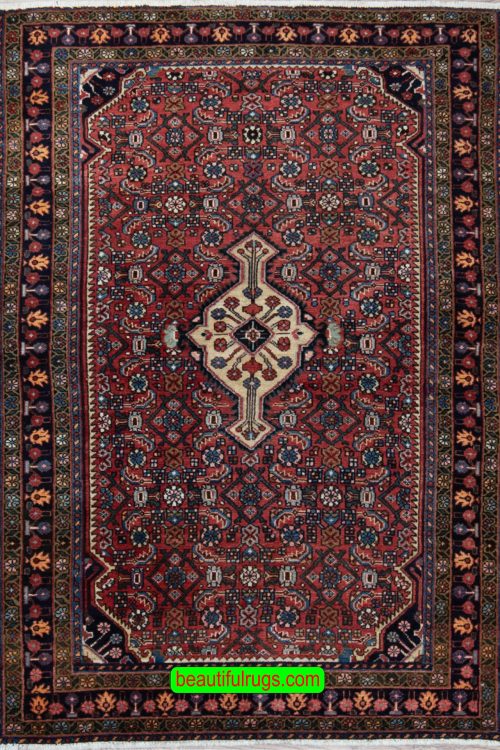 Persian Hamadan rug, geometric style in red and navy blue colors. Size 4.9x6.8.