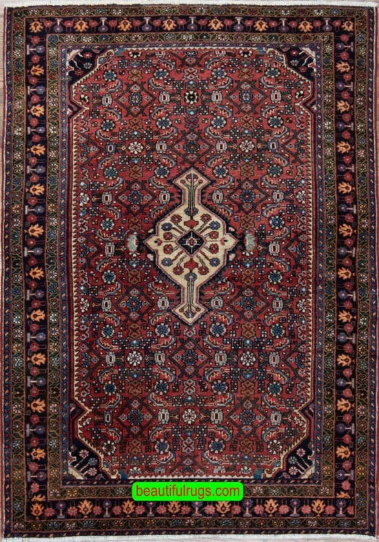 Persian Hamadan rug, geometric style in red and navy blue colors. Size 4.9x6.8.