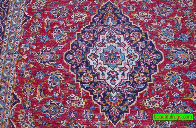 Discount area rug, floral Persian Kashan wool rug in red and navy blue colors. Size 7.3.x10.2.