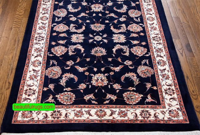 A Thick hand knotted Persian Bijar wool and silk rug in dark blue and white colors. Size 3.6x5.
