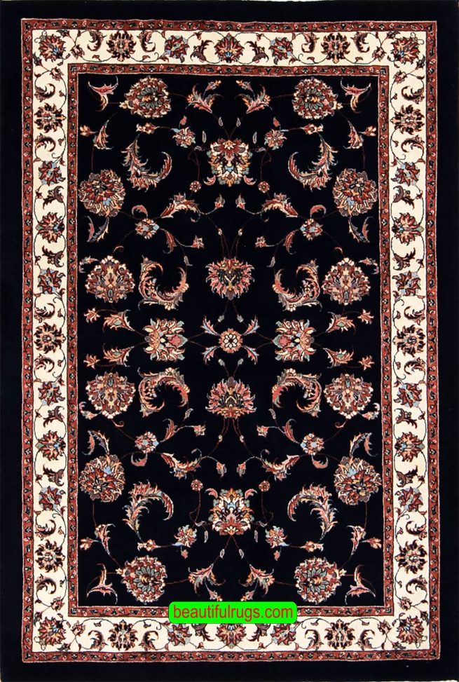A Thick hand knotted Persian Bijar wool and silk rug in dark blue and white colors. Size 3.6x5.