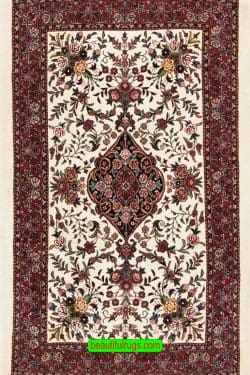 Handmade Persian Bijar floral wool rug with beige and mauve colors. Size 3.1x5.6.